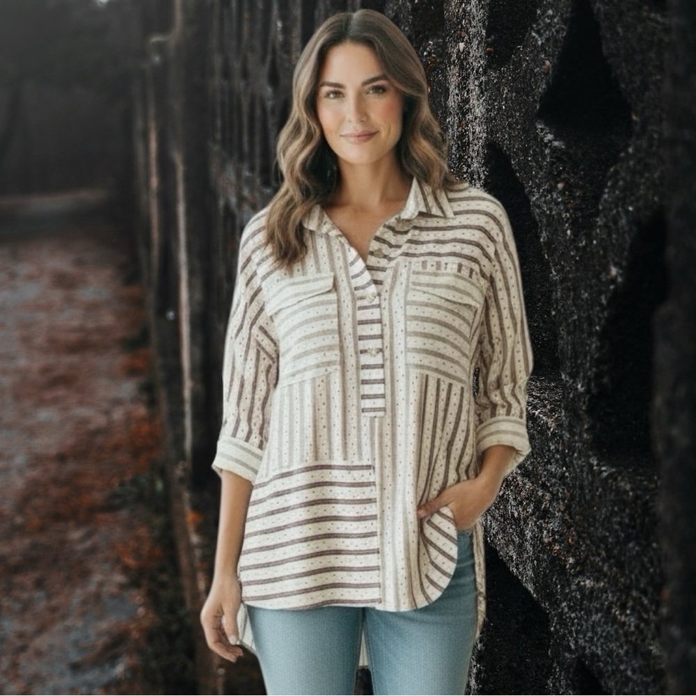 Umgee Cream and Brown Striped Button-Down Shirt